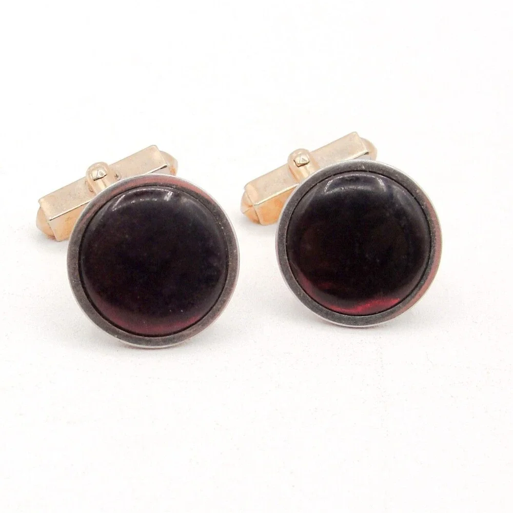 Vintage Swank 10K RGP Gold Tone Red Stone Cufflinks Ruby Cabochon Round Classic